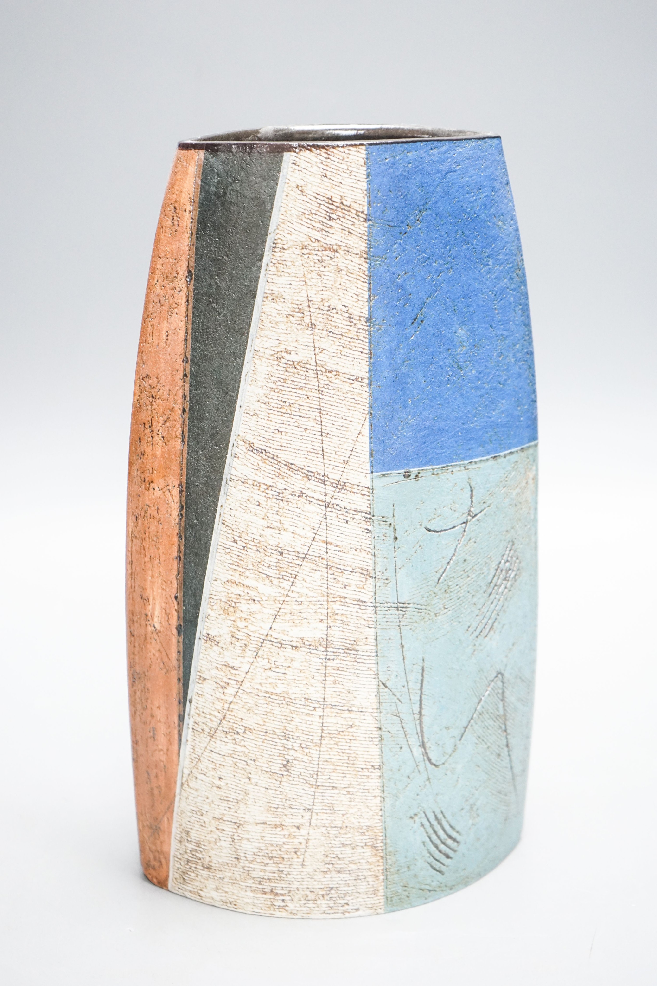 Bernard Irwin (b.1953), an elliptical stoneware vase, geometric design 28cm